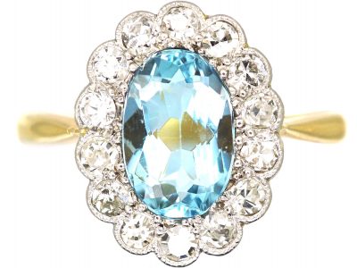 Edwardian 18ct Gold & Platinum, Aquamarine & Diamond Cluster Ring
