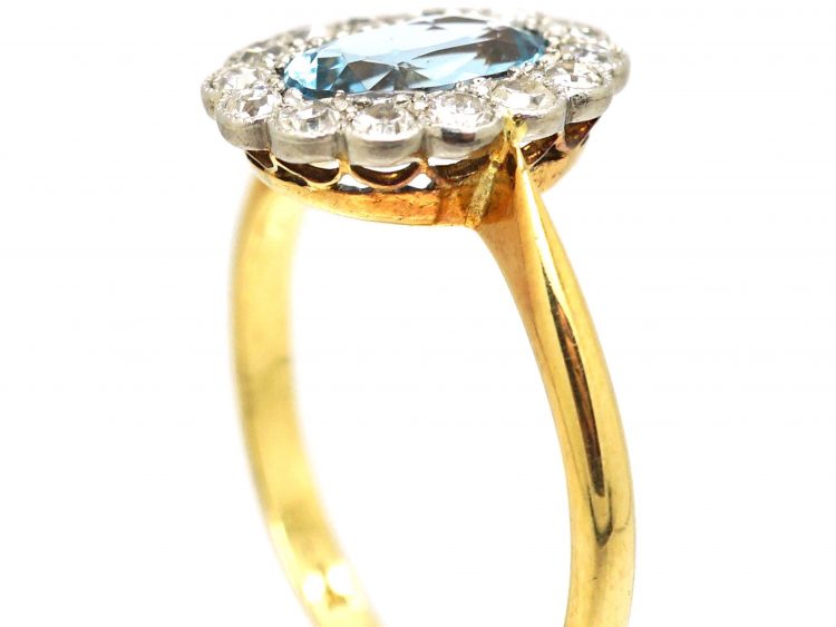 Edwardian 18ct Gold & Platinum, Aquamarine & Diamond Cluster Ring