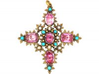 Georgian 15ct Gold Cross Pendant set with Turquoise, Pink Topaz & Natural Split Pearls