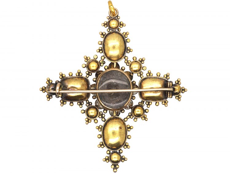 Georgian 15ct Gold Cross Pendant set with Turquoise, Pink Topaz & Natural Split Pearls